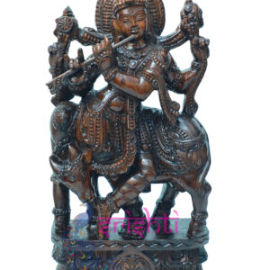 SIAH-Wood Cow Krishna Statue-24.5 Inches