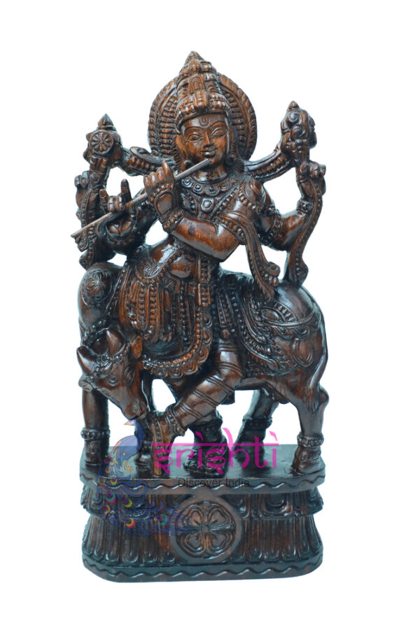 SIAH-Wood Cow Krishna Statue-24.5 Inches
