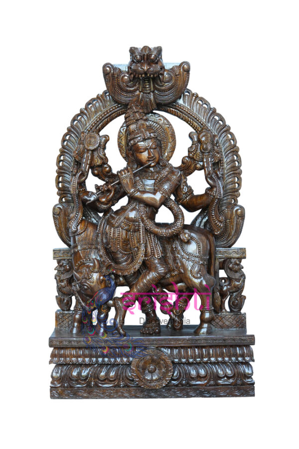 SIAH-Wood Cow Krishna Statue-61 Inches