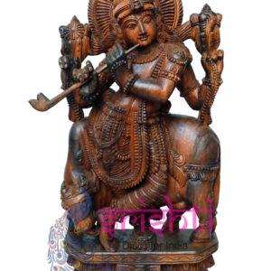 SIAH-Wood Cow Krishna Statue-36 Inches