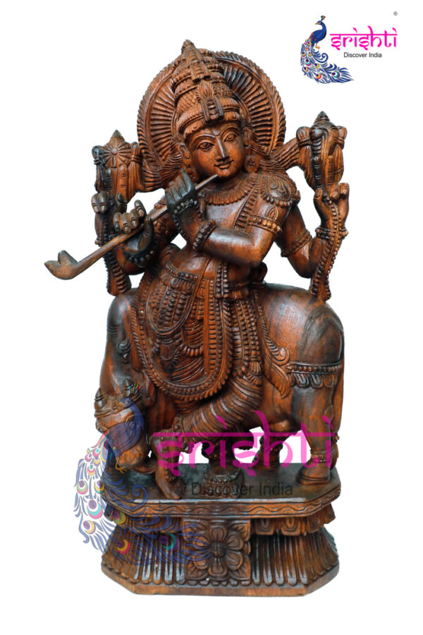 SIAH-Wood Cow Krishna Statue-36 Inches