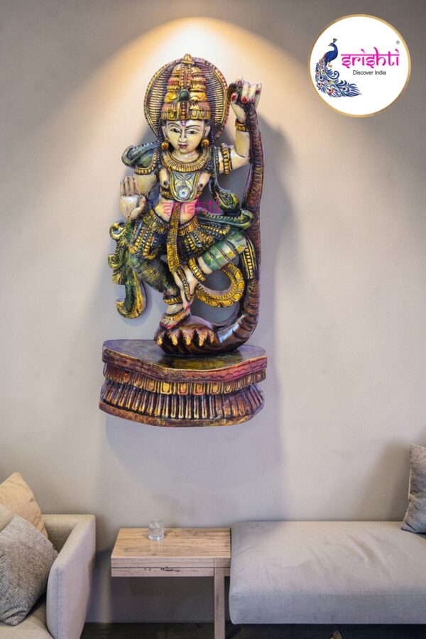 SIAH-Wood Krishna Kalinganartham Statue-24 Inches